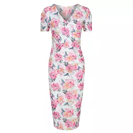 White Pink Floral Print Short Sleeve Summer Bodycon Wiggle Dress