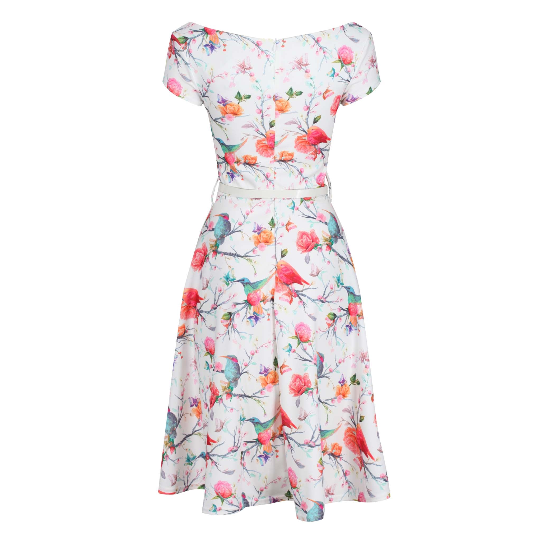 White Pink Summer Bird Butterfly Print Capped Sleeve Belted Summer Dress