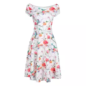 White Pink Summer Bird Butterfly Print Capped Sleeve Belted Summer Dress