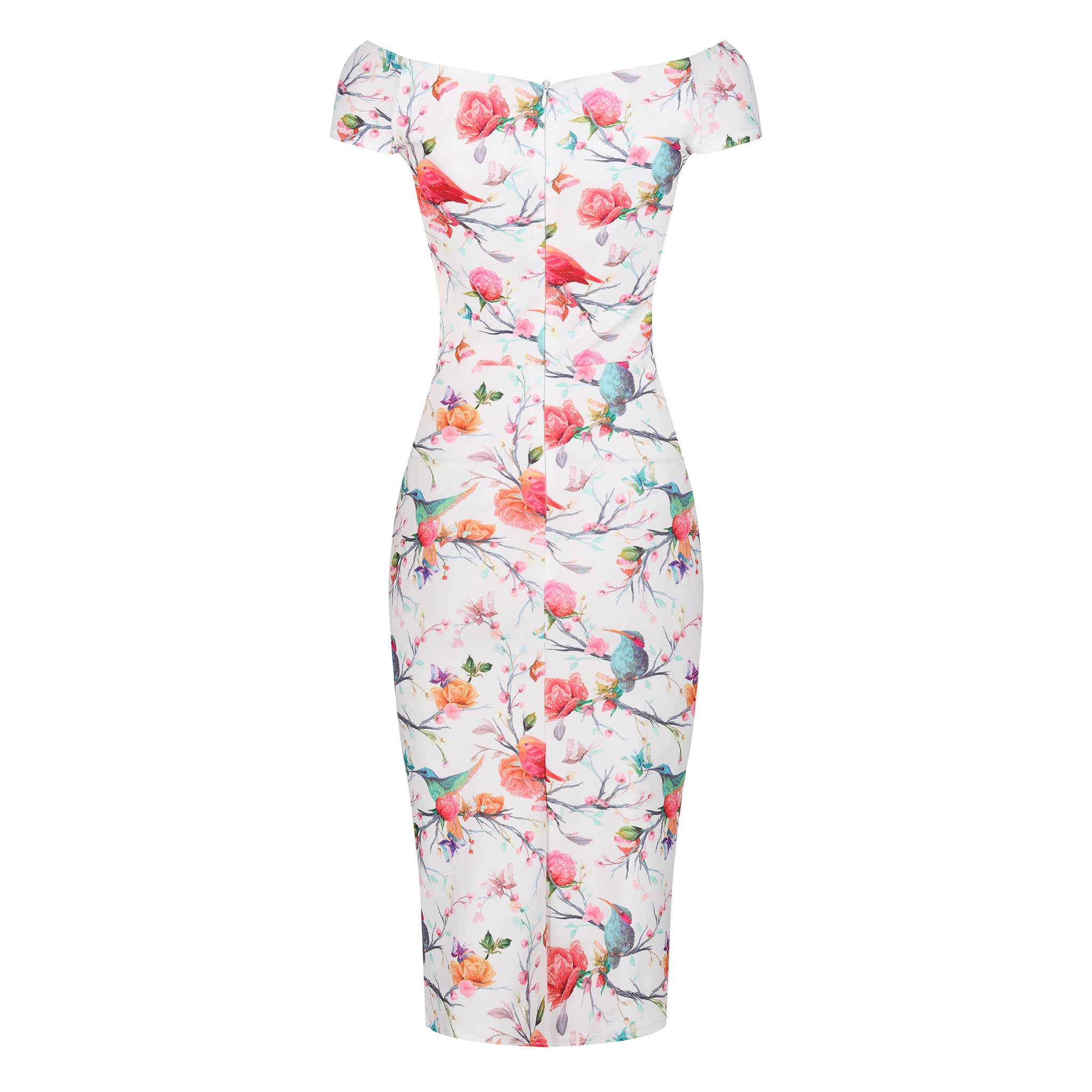 White Summer Bird Butterfly Print Cap Sleeve Crossover Top Bardot Wiggle Dress