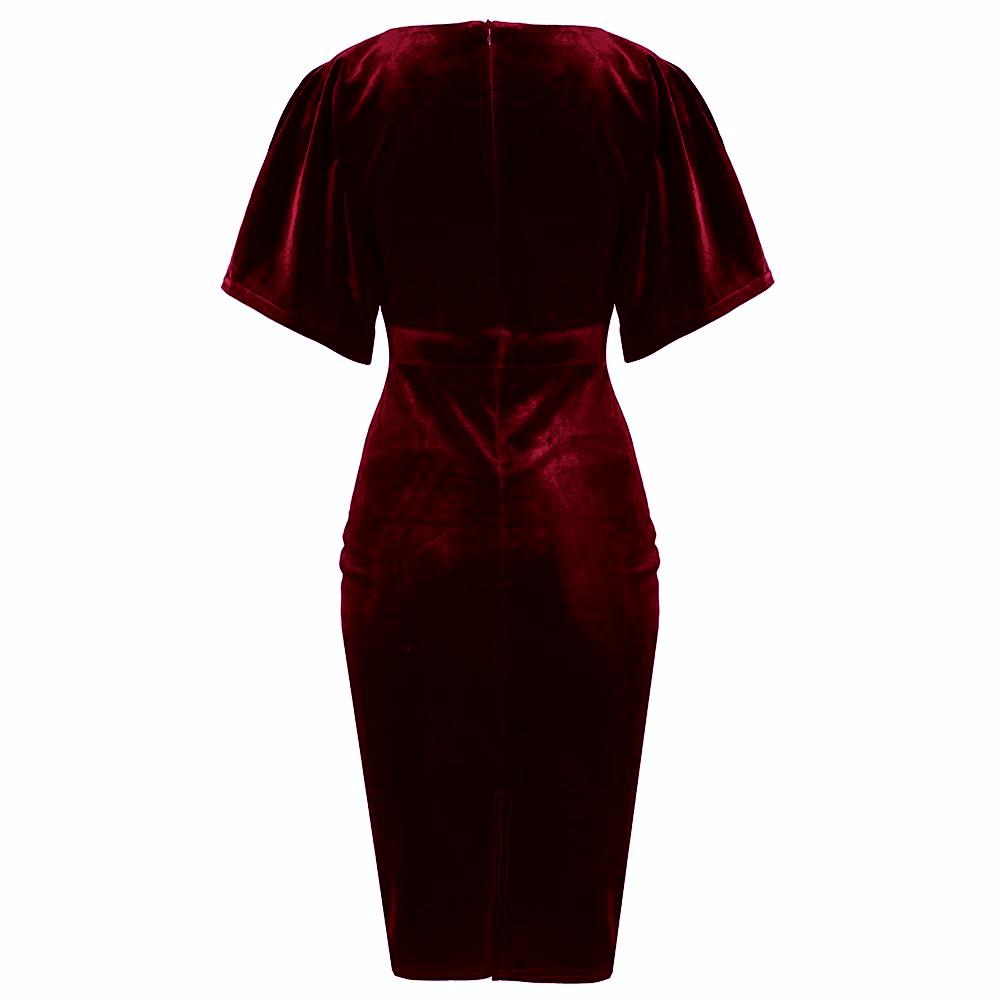 Wine Red Claret Velour Half Batwing Sleeve Crossover Top Wiggle Dress