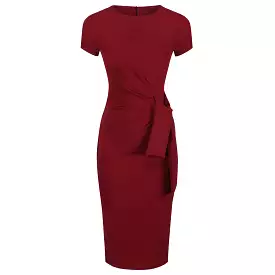 Wine Red Short Sleeve Ruched Tie Bodycon Pencil Dress