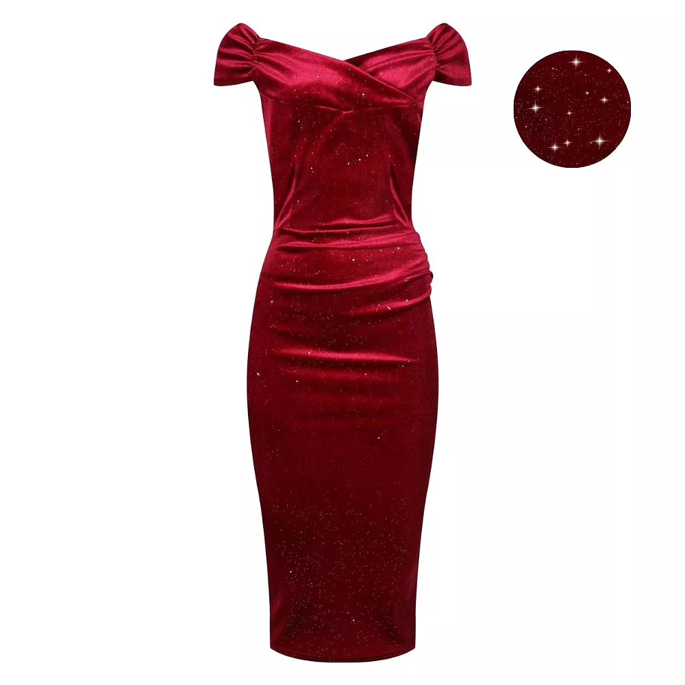 Wine Red Velour Sparkle Cap Sleeve Crossover Top Bardot Wiggle Dress