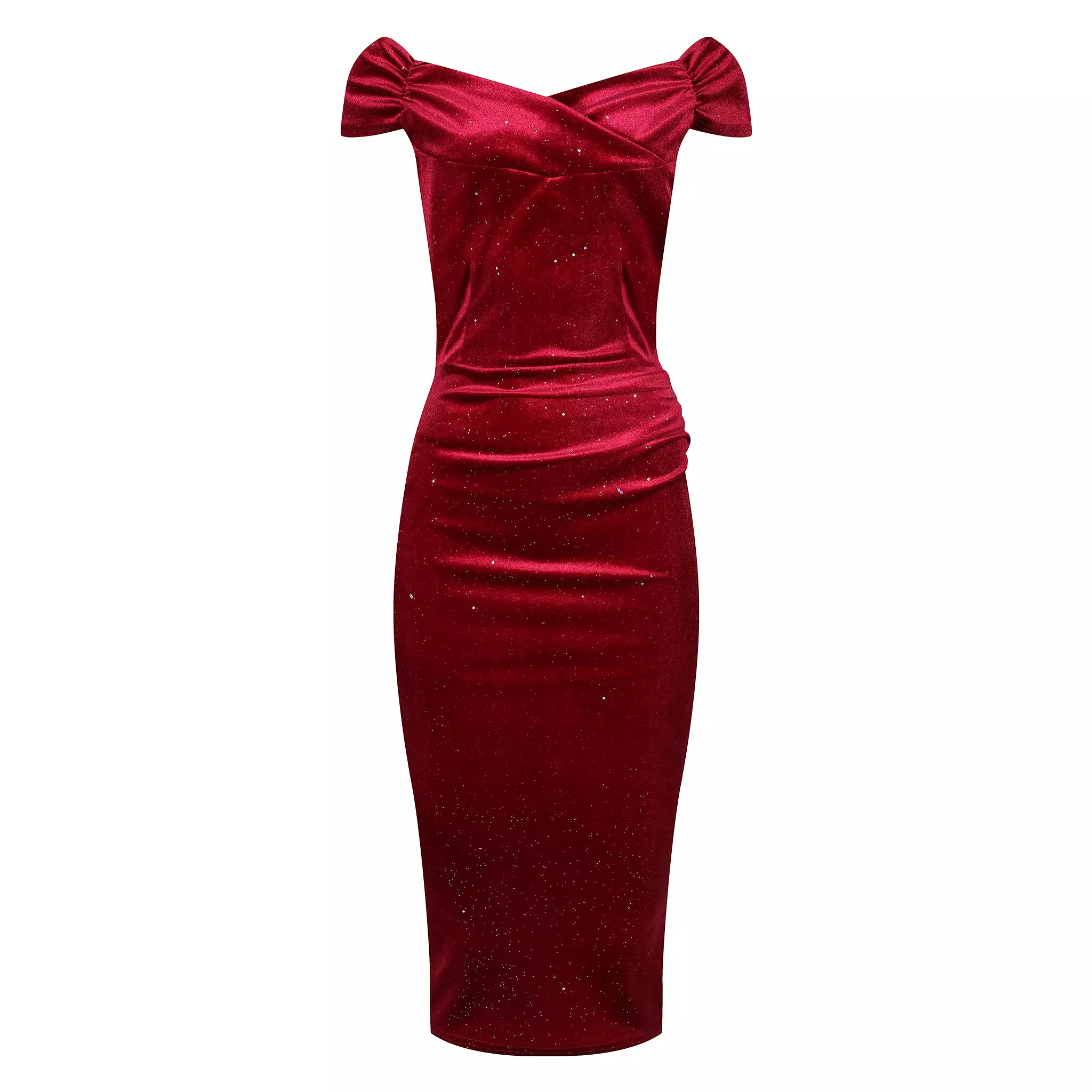 Wine Red Velour Sparkle Cap Sleeve Crossover Top Bardot Wiggle Dress