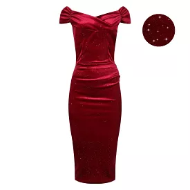 Wine Red Velour Sparkle Cap Sleeve Crossover Top Bardot Wiggle Dress