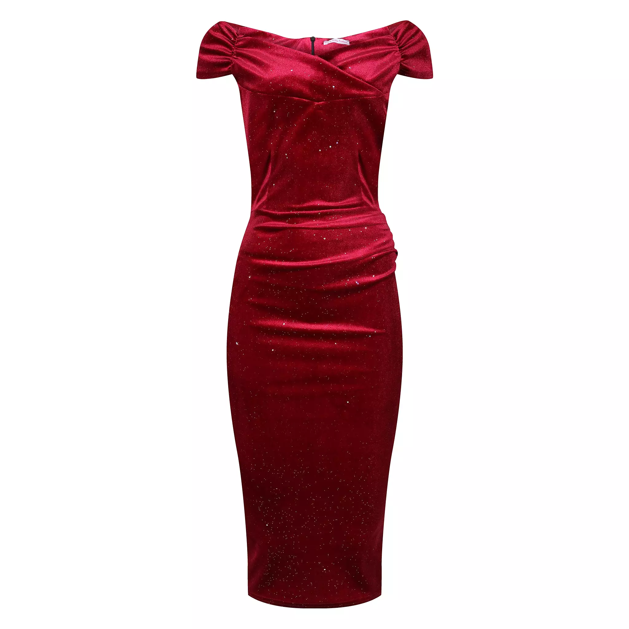 Wine Red Velour Sparkle Cap Sleeve Crossover Top Bardot Wiggle Dress