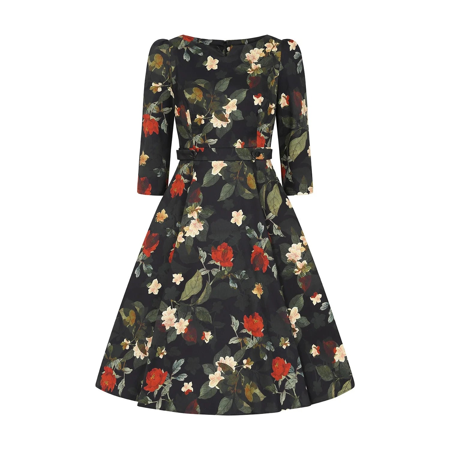 Winter Floral Print 3/4 Sleeve Belted 50s Swing Dress With Pockets