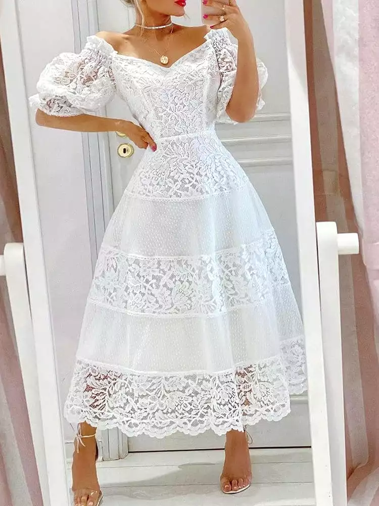 Women's Dresses V-Neck Lace Puff Sleeve Dress