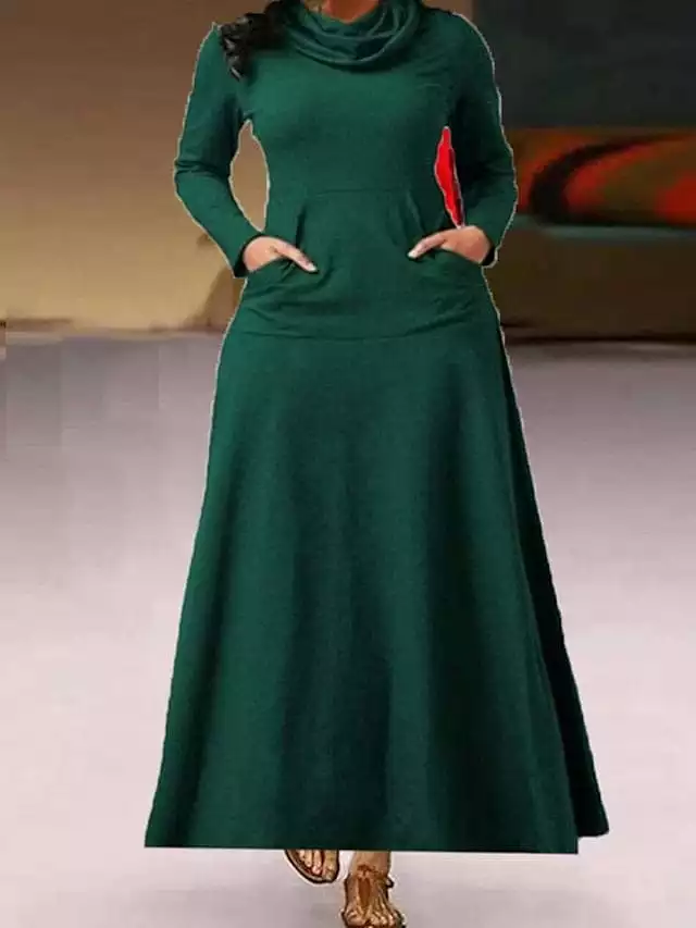 Women's Elegant High Neck Emerald Green Maxi Dress with Pocket