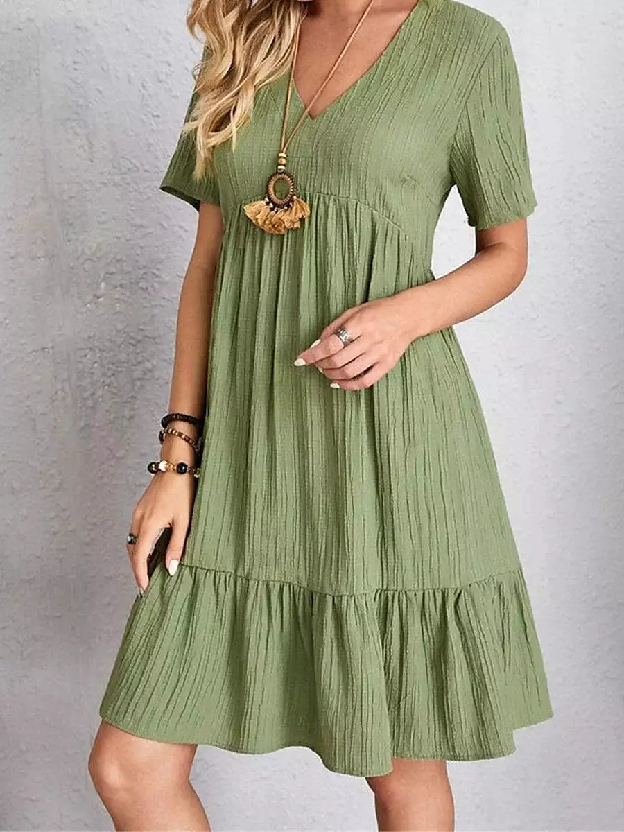 Women's Sleeveless Shift Dress with Ruffle V Neck