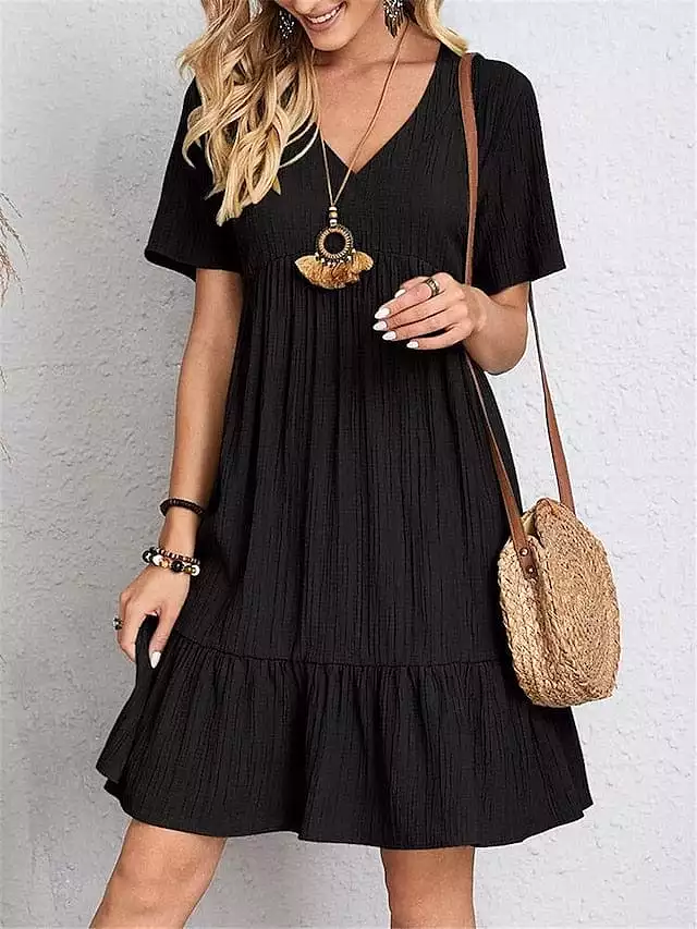 Women's Sleeveless Shift Dress with Ruffle V Neck