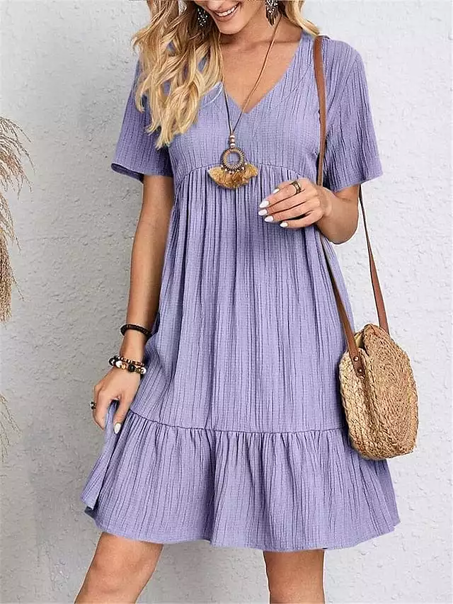 Women's Sleeveless Shift Dress with Ruffle V Neck