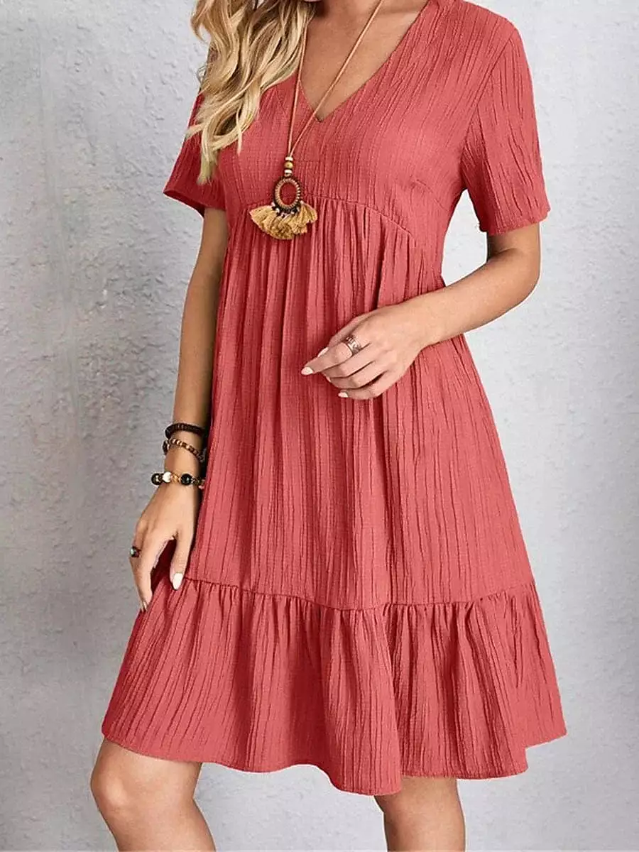 Women's Sleeveless Shift Dress with Ruffle V Neck