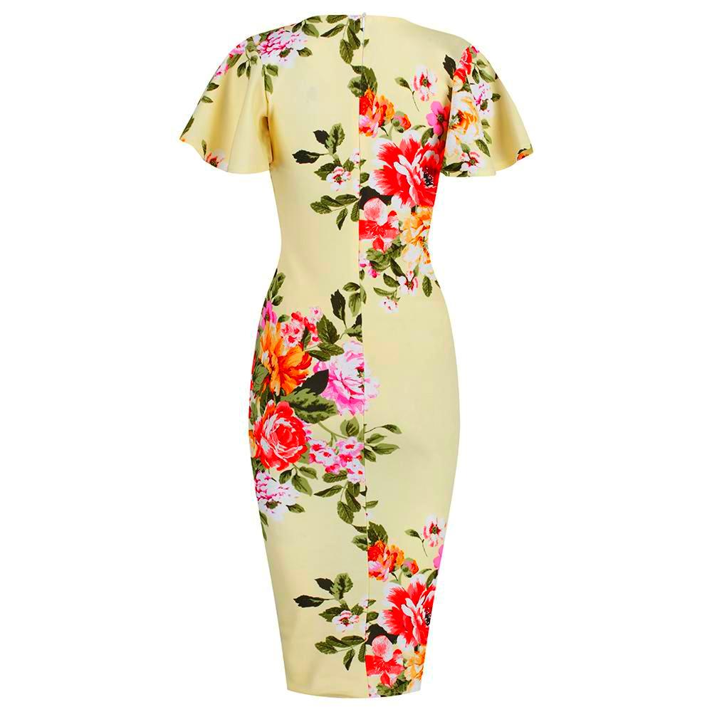 Yellow Floral Half Sleeve Deep V Neck Crossover Top Wiggle Dress