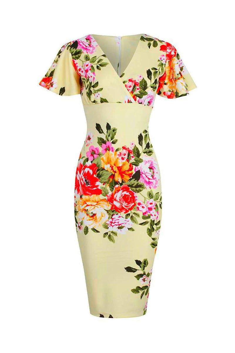 Yellow Floral Half Sleeve Deep V Neck Crossover Top Wiggle Dress