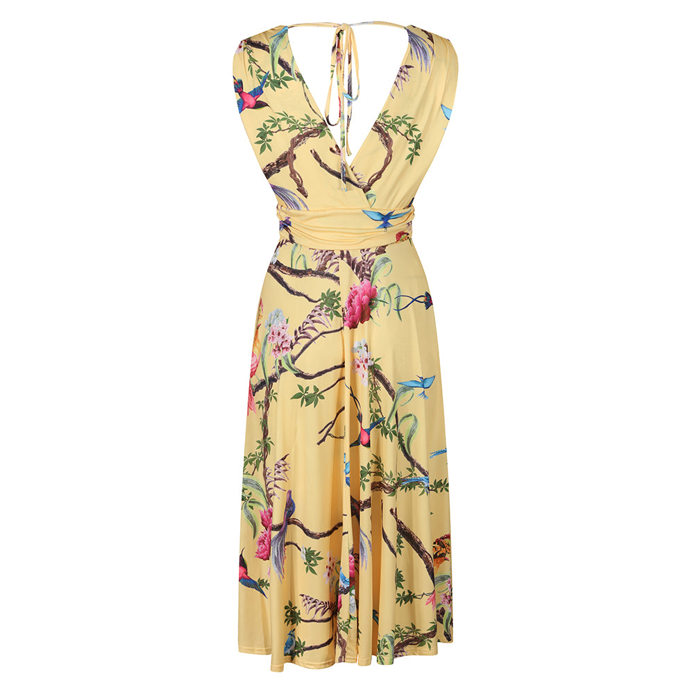 Yellow Tropical Bird Print V Neck Crossover Top Empire Waist Swing Dress